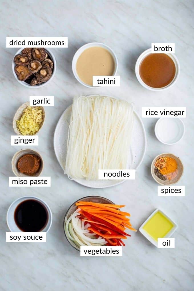 Gathered ingredients for making vegan noodle soup.