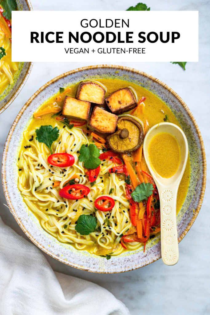A photo of vegan noodle soup with text overlay "Golden Rice Noodle Soup".