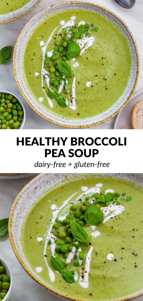 A collage of photos of broccoli soup with text overlay "Healthy Broccoli Pea Soup".