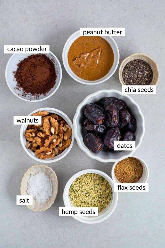 Gathered ingredients for making no-bake brownie energy bites.