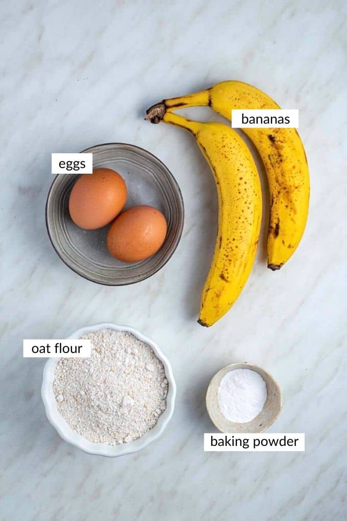 Gathered ingredients for making banana oat pancakes.