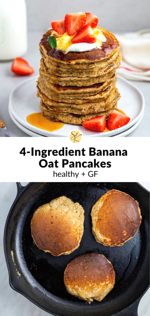 A collage of photos of banana pancakes with text overlay "4-Ingredient Banana Oat Pancakes".