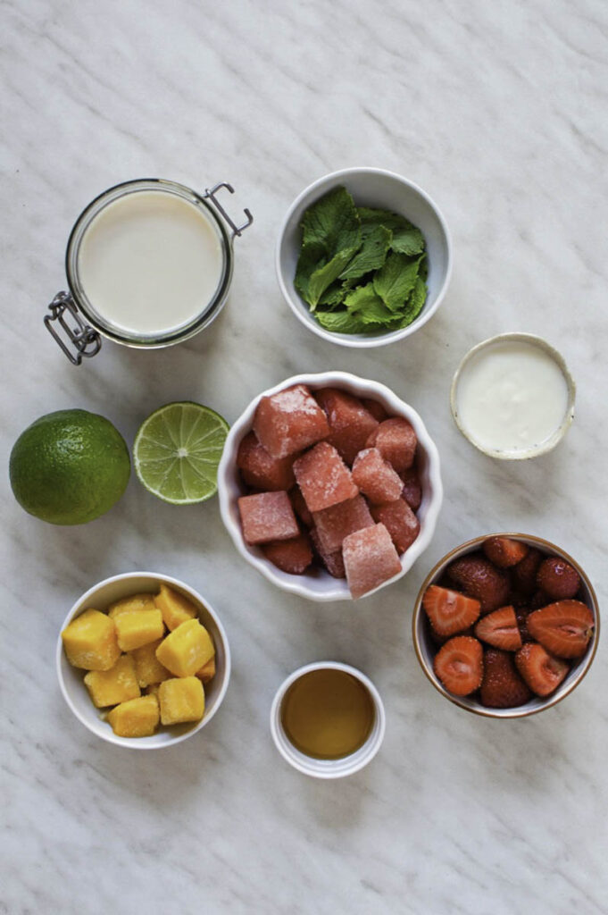 Gathered ingredients for watermelon smoothie recipe