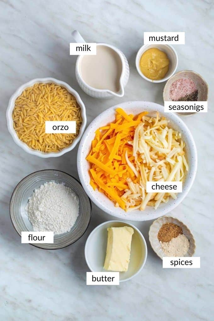 Gathered ingredients for making orzo mac and cheese