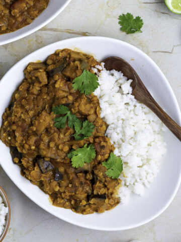 A white bowl filled with eggplant lentil curry and white rice.