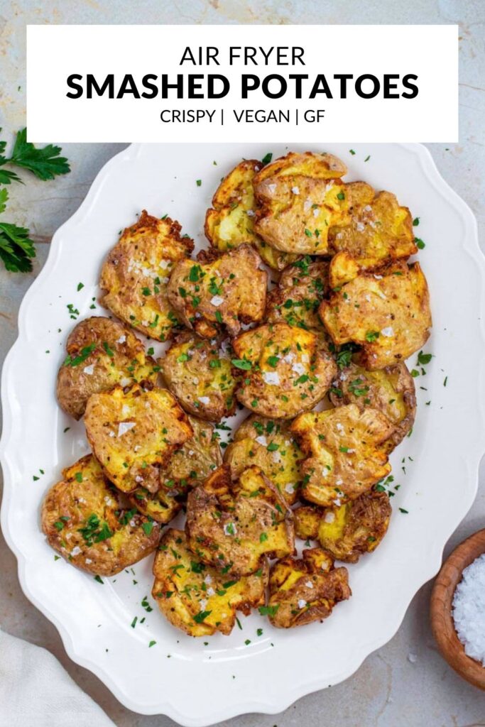 A photo of smashed potatoes with text overlay 