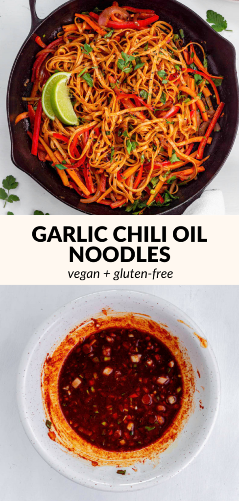 A collage of photos of chili oil noodles with text overlay "Garlic Chili Oil Noodles".