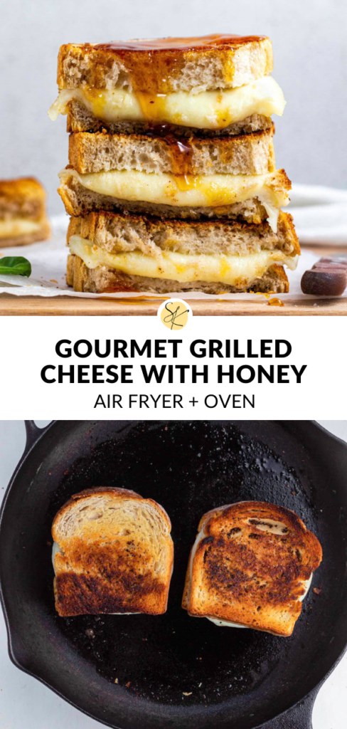 A collage of photos of provolone grilled cheese with text overlay "Grourmet grilled cheese with honey".