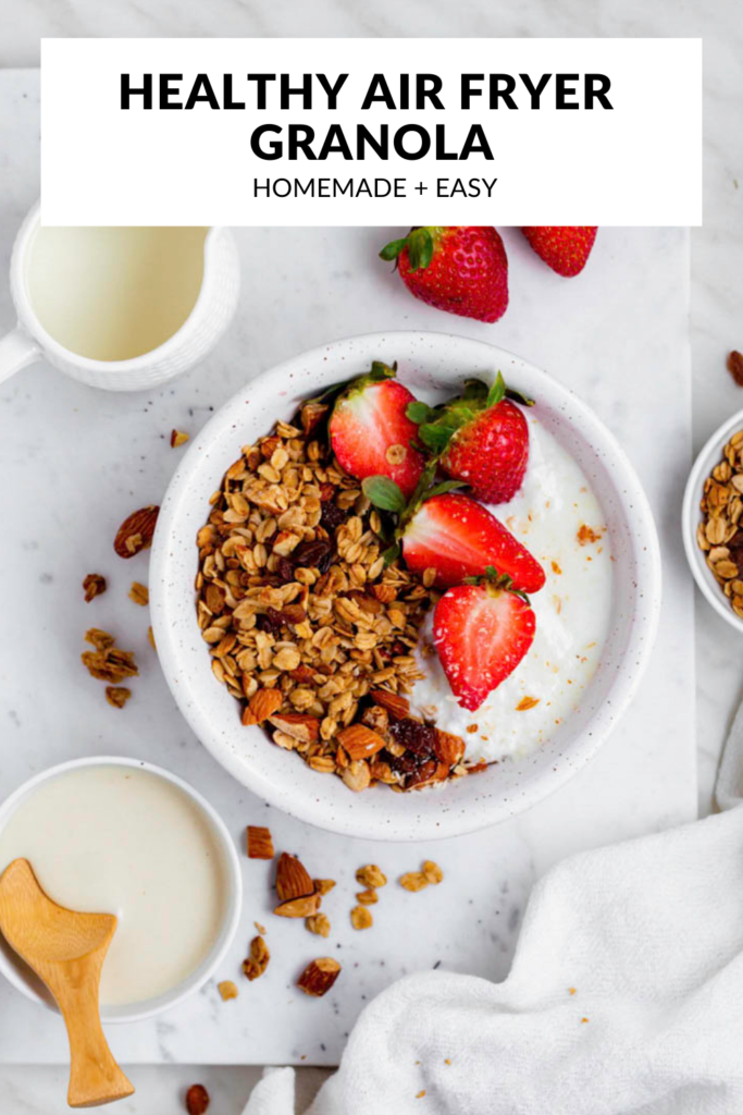 A photo of air fryer granola with text overlay "Healthy Air Fryer Granola".