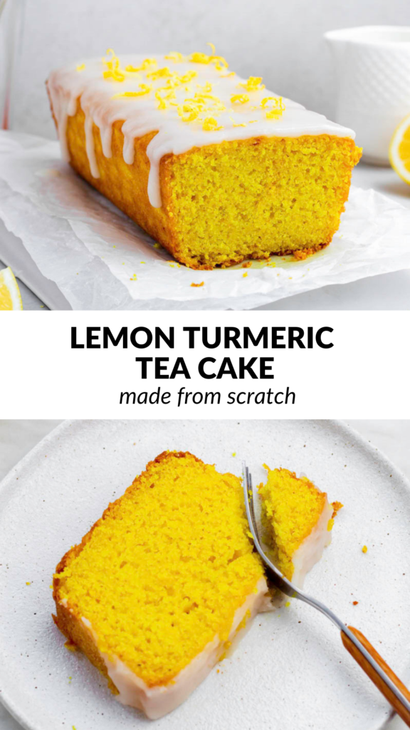 A collage of photos of lemon cake with text overlay "Lemon turmeric tea cake".