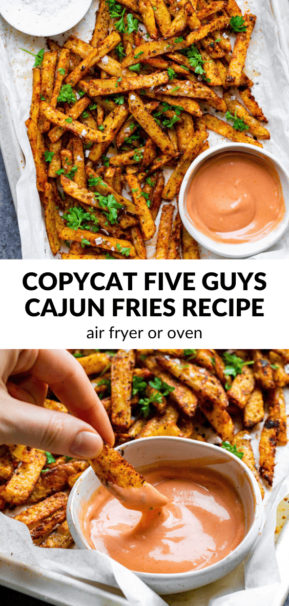 A collage of photos of cajun fries with text overlay "Copycat five guys cajun fries recipe".