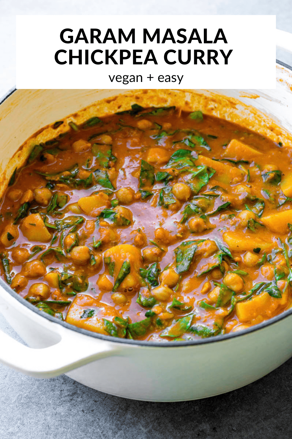 A photo of chickpea curry with text overlay "Garam masala chickpea curry".