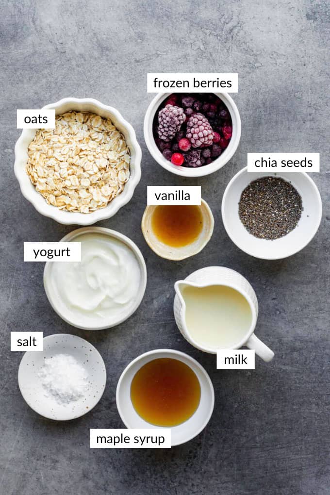 Gathered ingredients for making our overnight oats with frozen fruit. Text overlay on each ingredient.