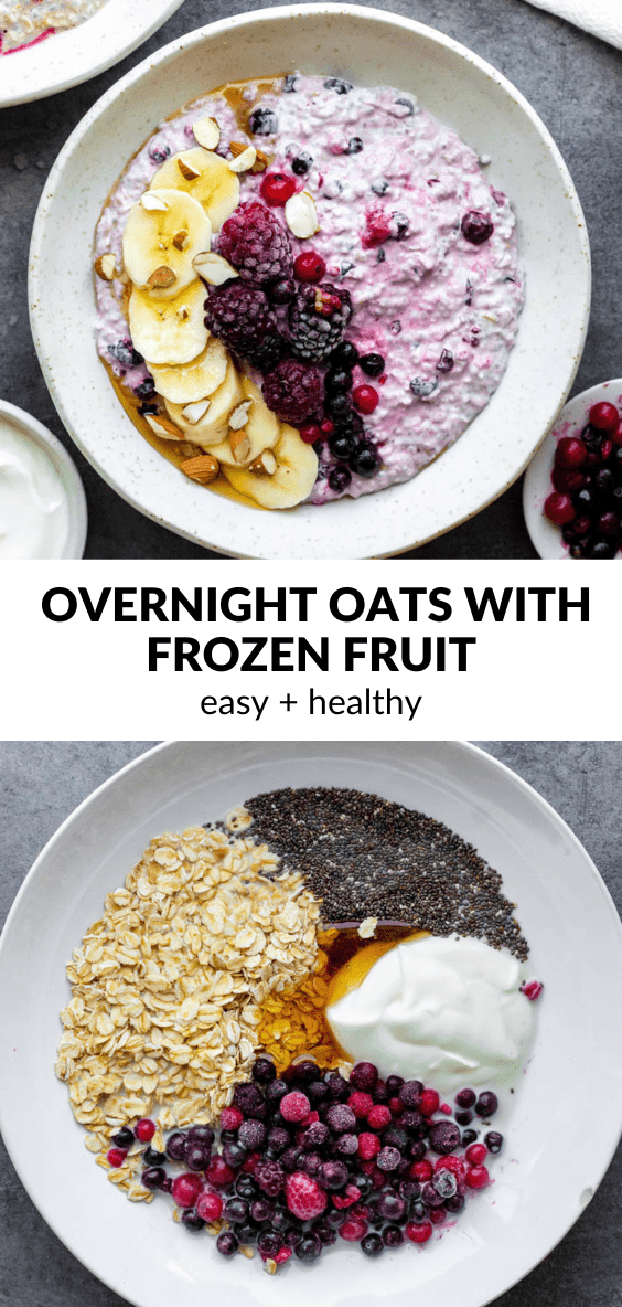 A collage of photos of overnight oats with text overlay "Overnight oats with frozen fruit".