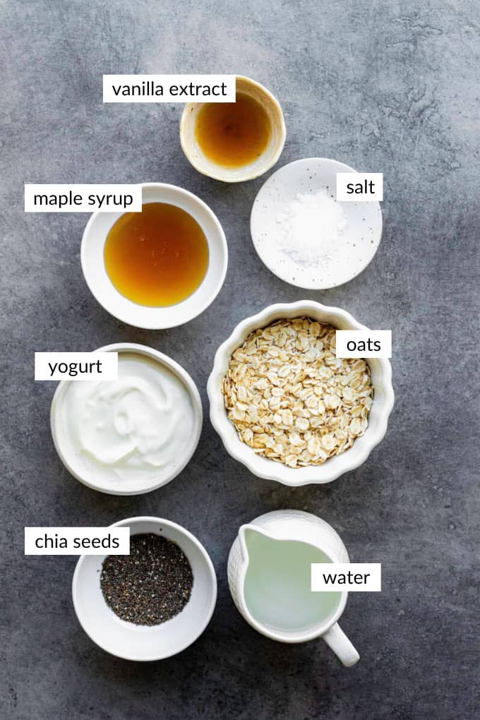 Gathered ingredients for making our overnight oats with water. Text overlay on each ingredient. 