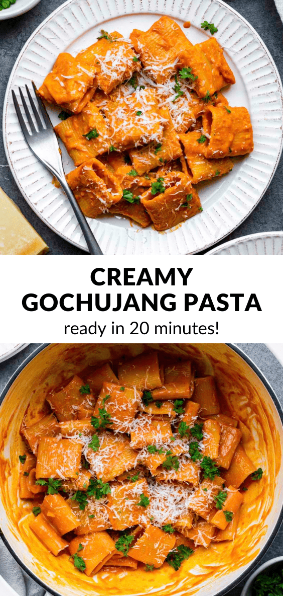 A collage of photos of gochujang pasta with text overlay "Creamy gochujang pasta".