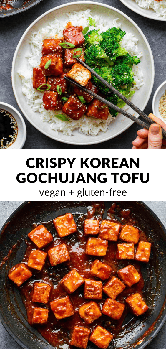 A collage of photos of gochujang tofu with text overlay "Crispy korean gochujang tofu".
