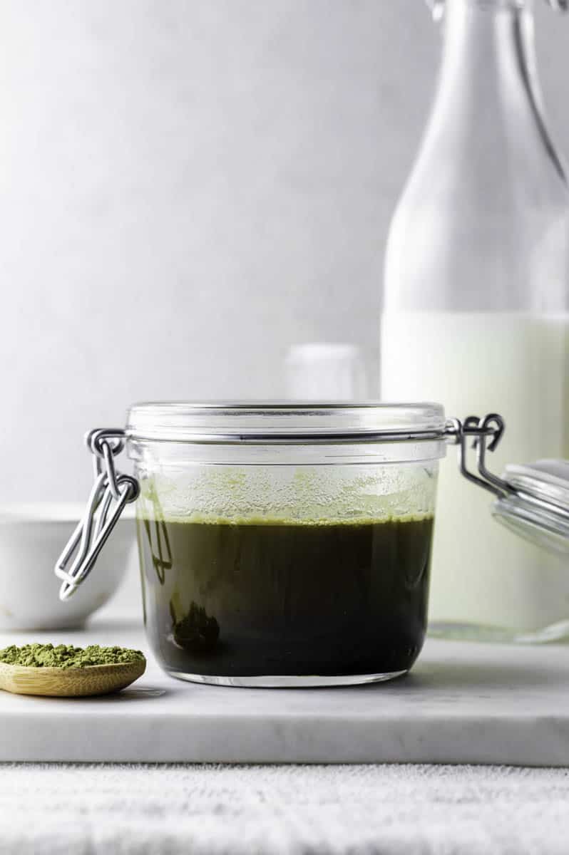 A jar filled with matcha syrup placed on a marble board, with a wooden spoon filled with matcha powder next to it.