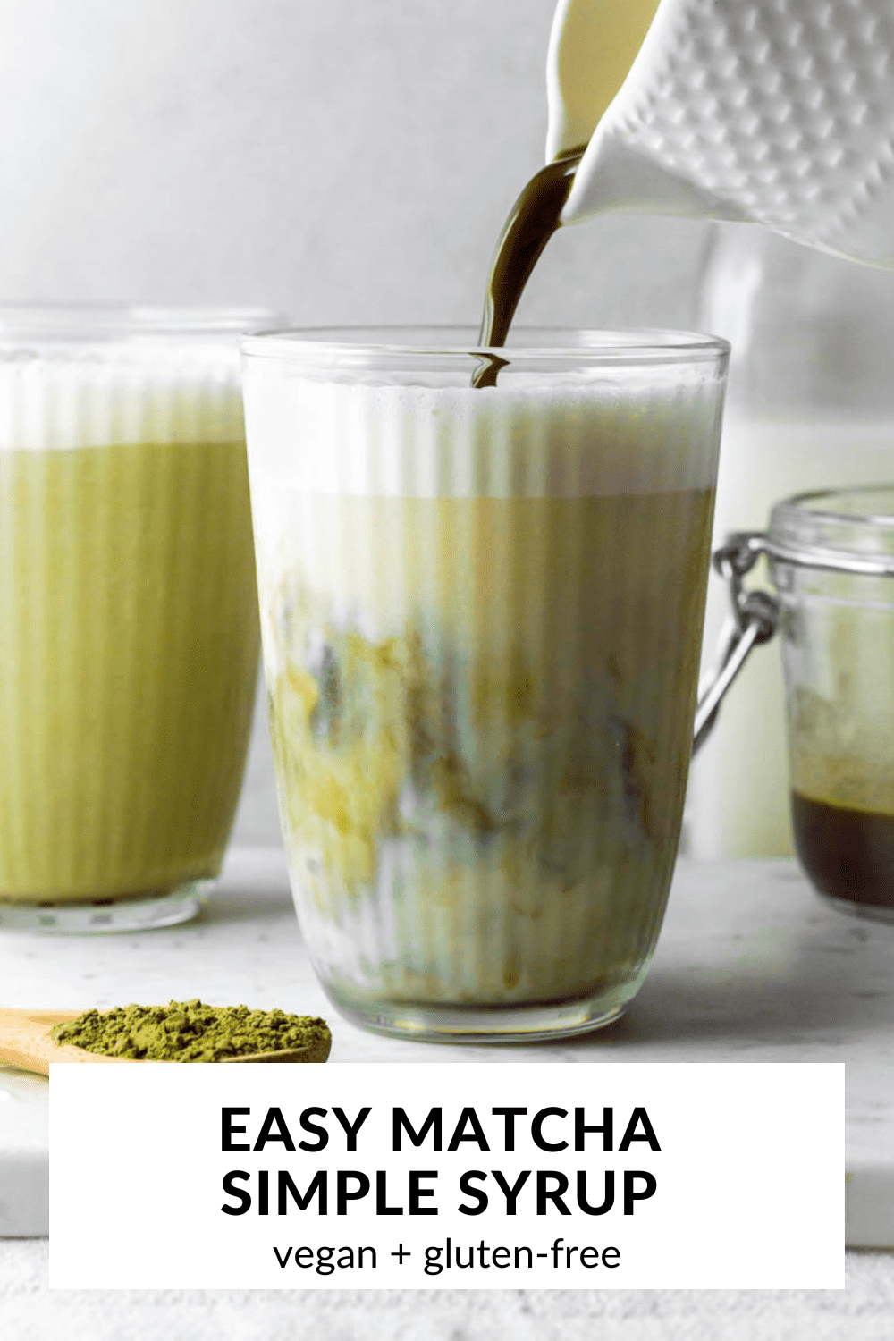 A photo of matcha latte with text overlay "Easy matcha simple syrup".