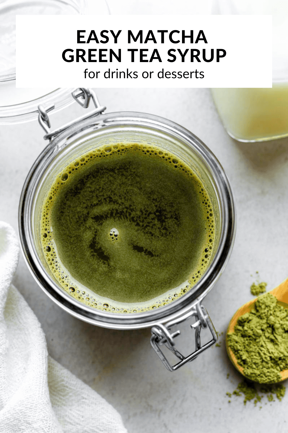 A photo of matcha syrup with text overlay "Easy matcha simple syrup".
