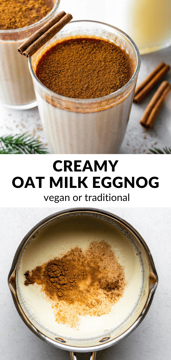A collage of photos of oat nog with text overlay "Creamy oat milk eggnog".
