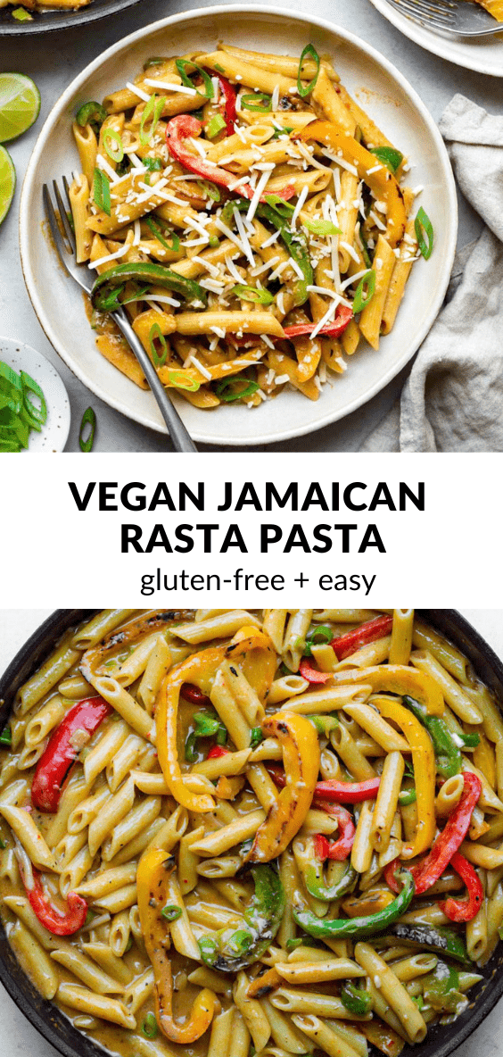 A collage of photos of vegan rasta pasta with text overlay "Vegan Jamaican Rasta Pasta".