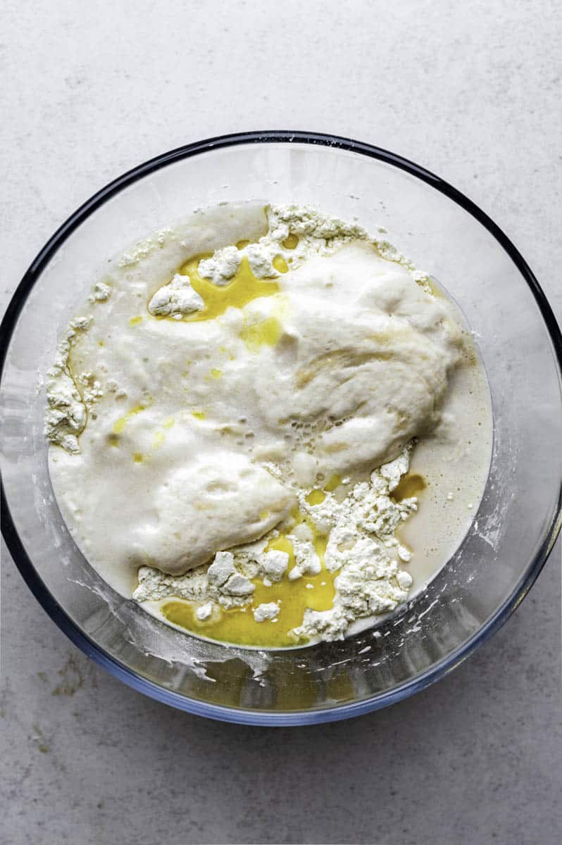 Flour, bloomed yeast, salt, olive oil, and sugar, added to a large mixing bowl.