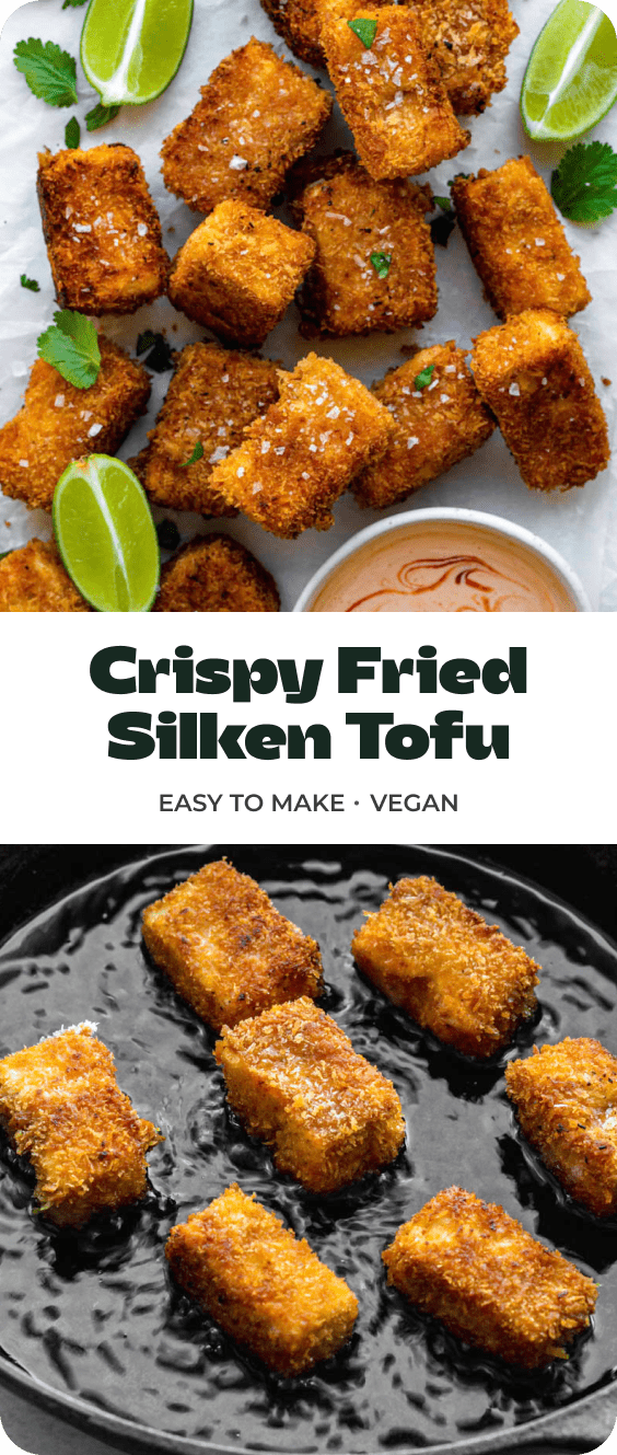 A collage of photos of fried tofu with text overlay "Crispy fried silken tofu".