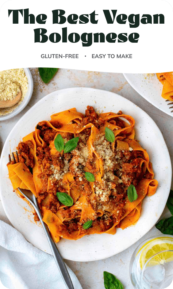 A photo of vegan bolognese sauce with text overlay "Seriously the best vegan bolognese".
