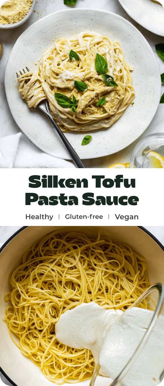 A collage of photos of tofu pasta sauce with text overlay "Silken tofu pasta sauce".