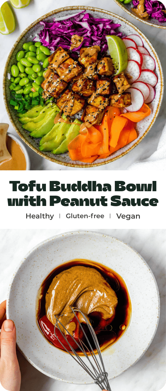 A collage of photos of tofu buddha bowl with text overlay "Tofu buddha bowl with peanut sauce".