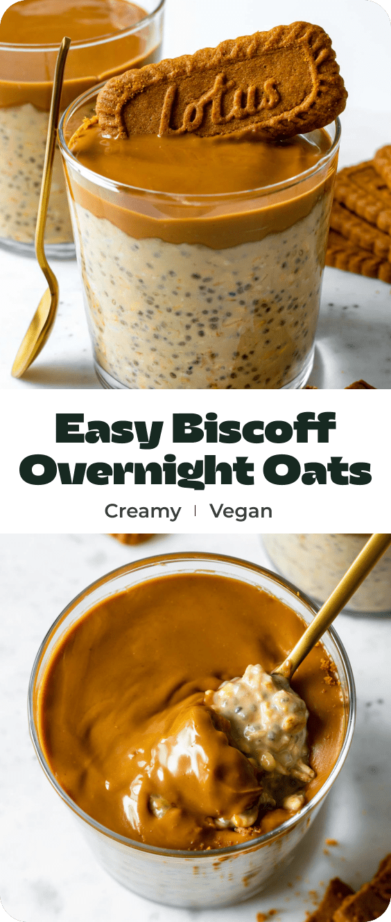 A collage of photos of overnight oats with text overlay "Easy biscoff overnight oats".