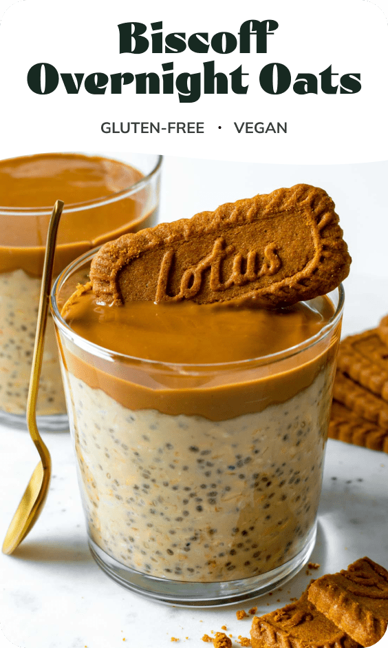 A photo of overnight oats with text overlay "biscoff overnight oats".