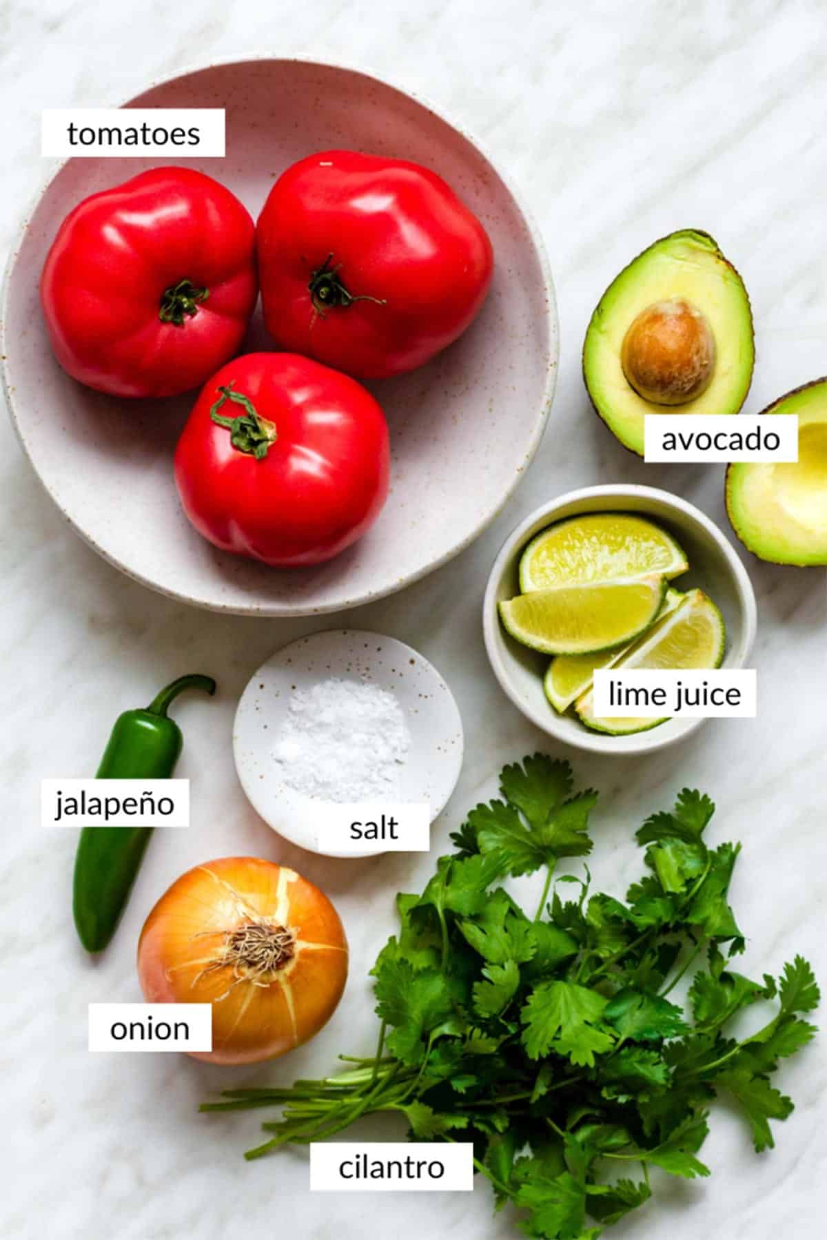 Gathered ingredients for making avocado pico de gallo with text overlay on each ingredient.