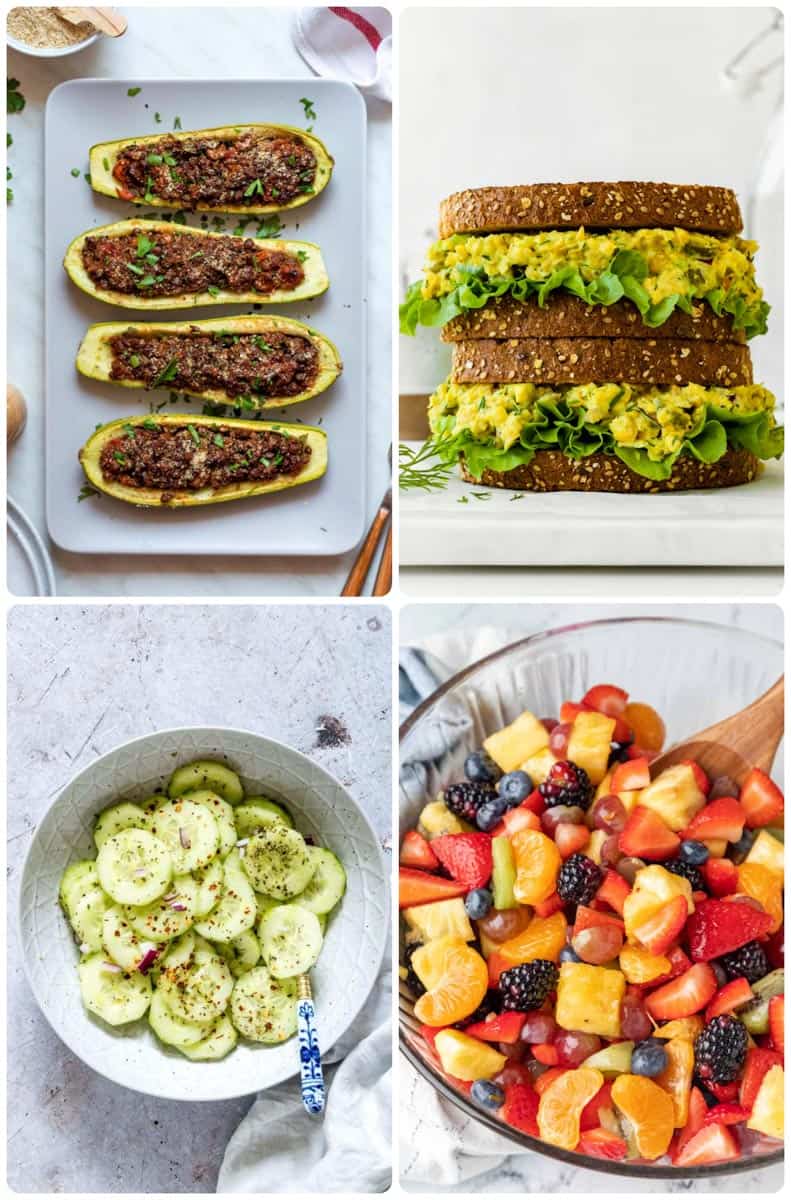 A collage of four photos of vegan cold side dishes.