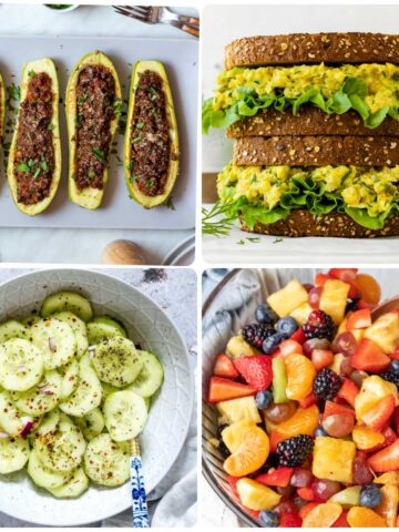 A collage of four photos of vegan cold side dishes.