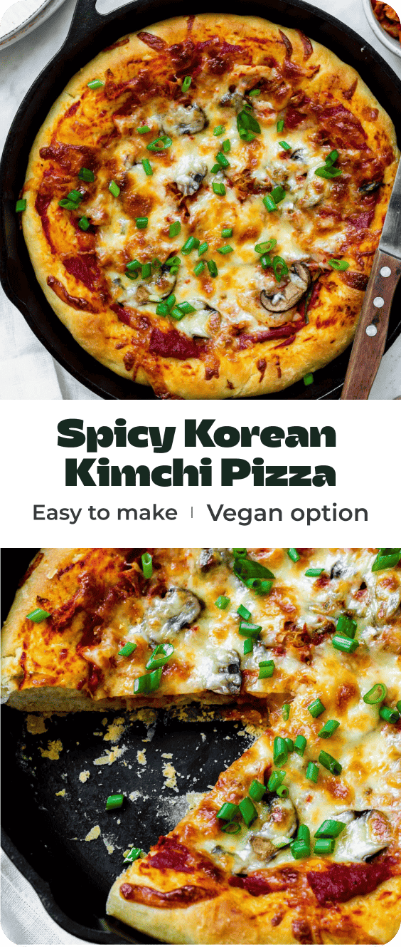 A collage of photos of kimchi pizza with text overlay "Spicy Korean Kimchi Pizza".