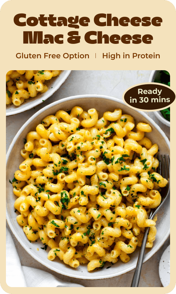 A photo of mac and cheese with text overlay "Cottage Cheese Mac & Cheese".