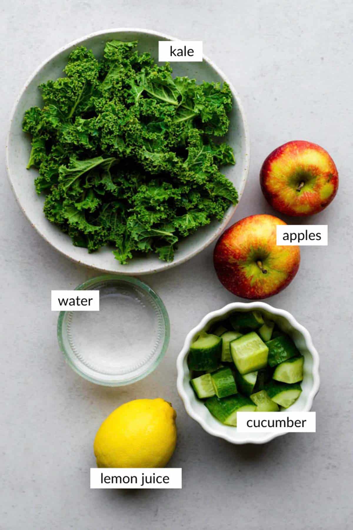 Gathered ingredients for making our kale tonic recipe with text overlay on each ingredient.