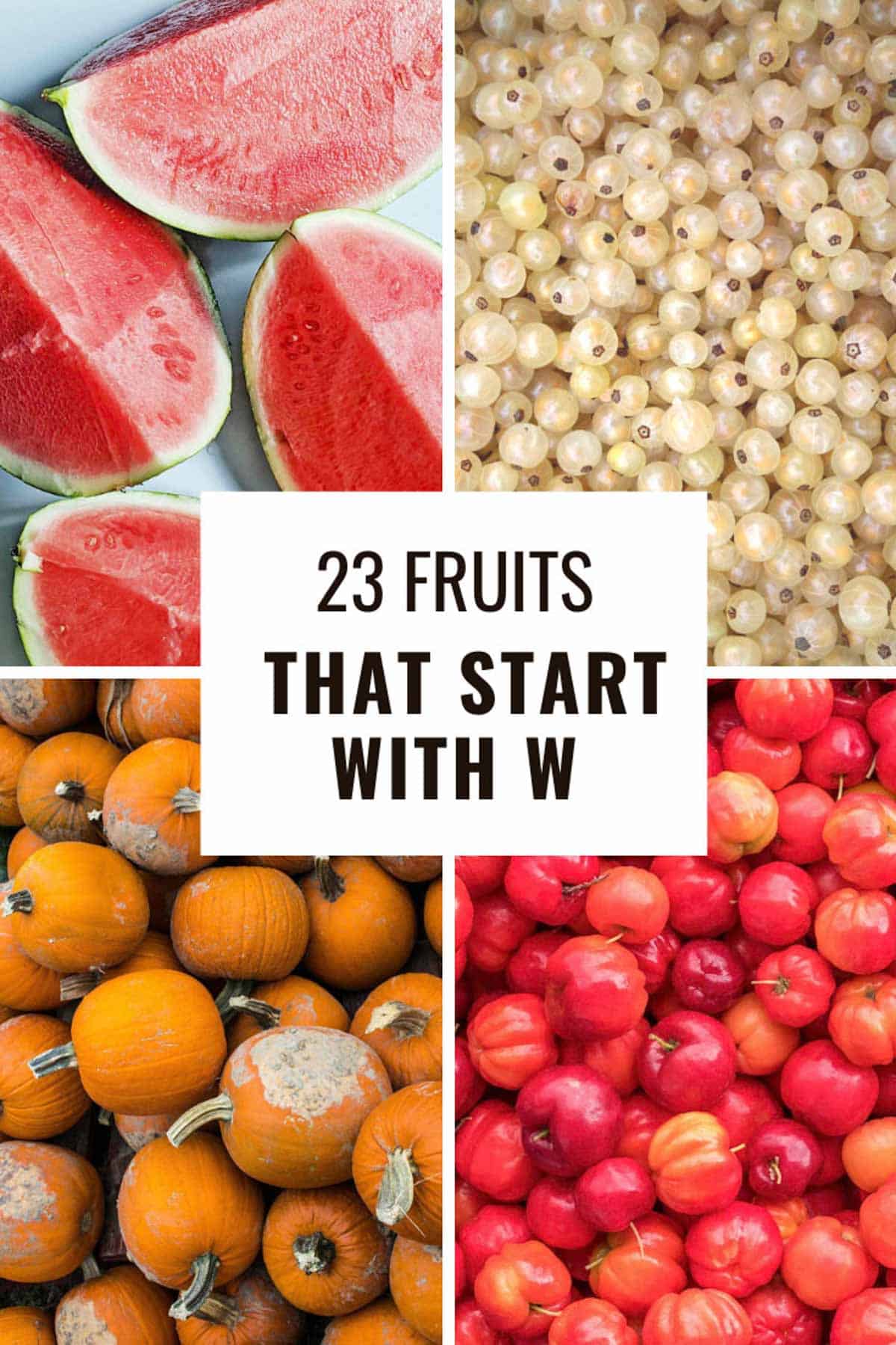 A collage of photos of watemelon, winter squash, white currants, and indian cherries, with text overlay "23 fruits that start with w".