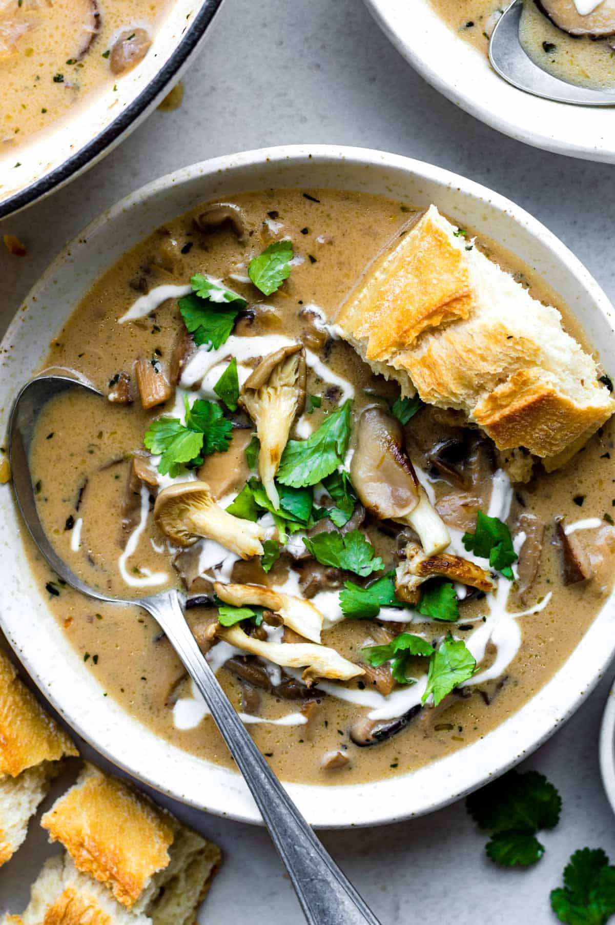 A close-up photo of mushroom soup in a white bowl with a silver spoon in it.