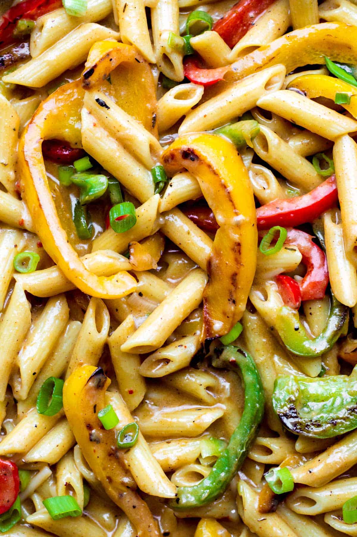 A close-up shot of vegetarian rasta pasta.