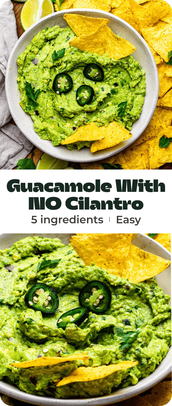 A collage of photos of guacamole in a bowl with text overlay "Guacamole with NO Cilantro".