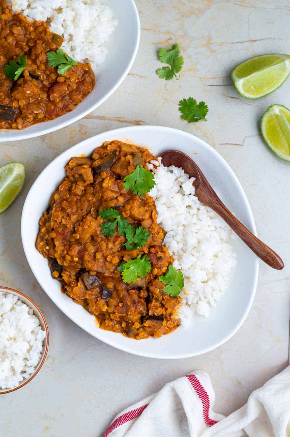 A white bowl filled with eggplant lentil curry and white rice.