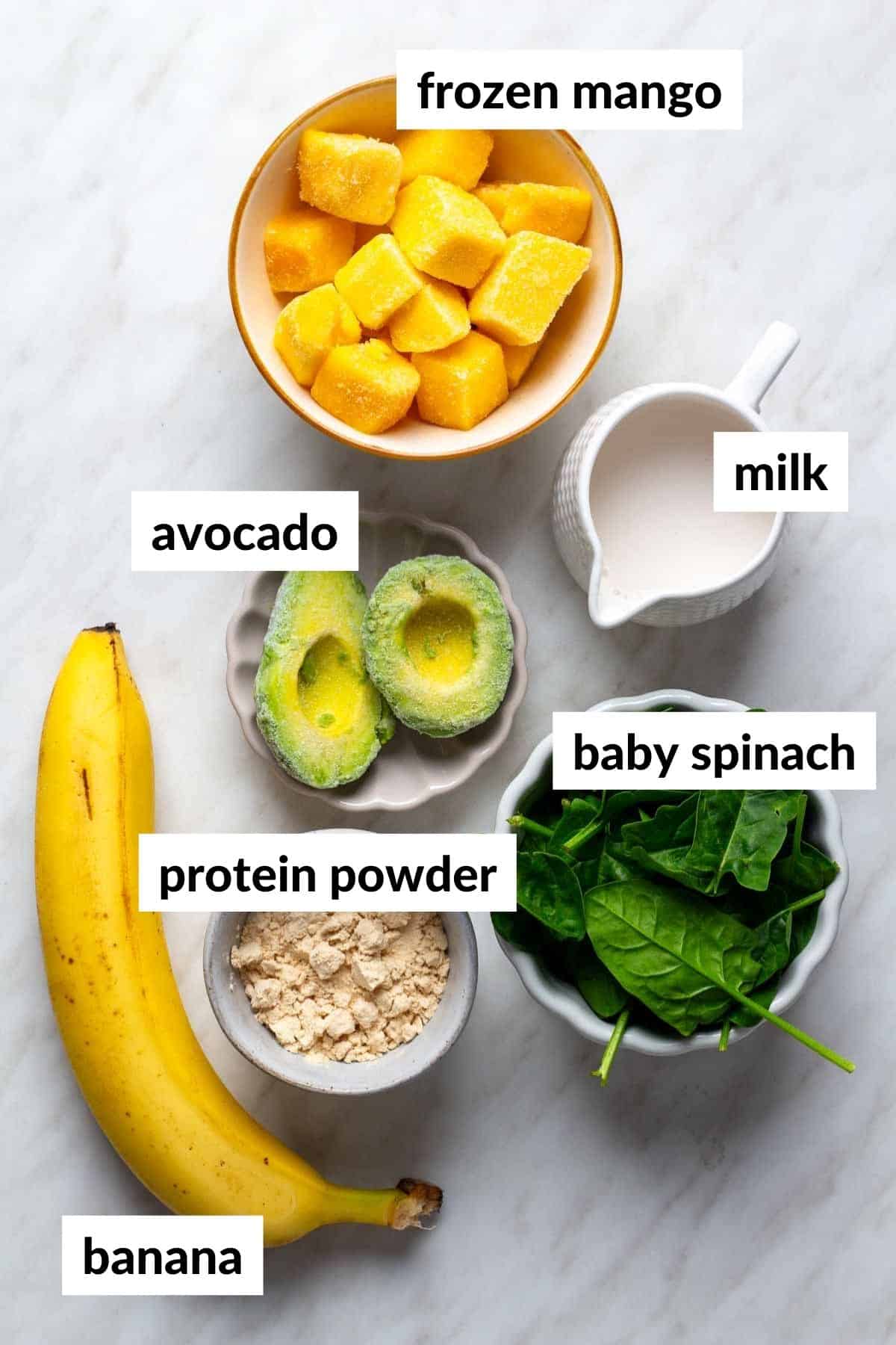 Ingredients to make an avocado smoothie in bowls with text labels identifying each. 