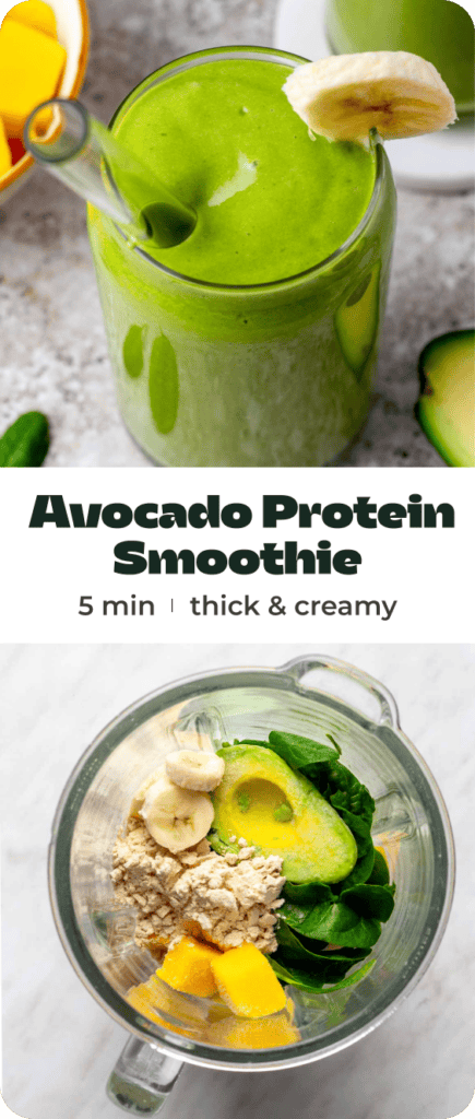 A collage of photos of avocado smoothie with text overlay "Avocado Protein Smoothie".