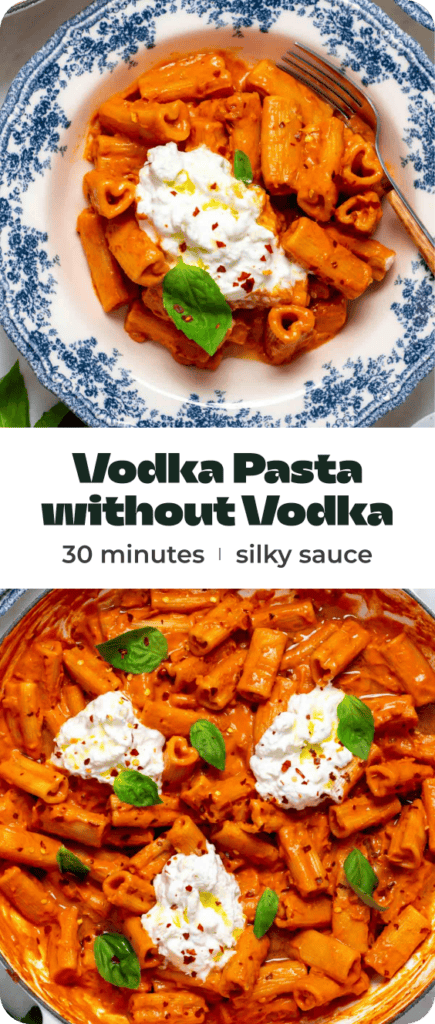 A collage of photos of tomato pasta with text overlay "Vodka Pasta without Vodka".