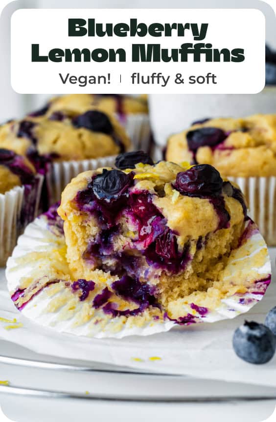 A photo of vegan blueberry muffins with text overlay "Blueberry Lemon Muffins".
