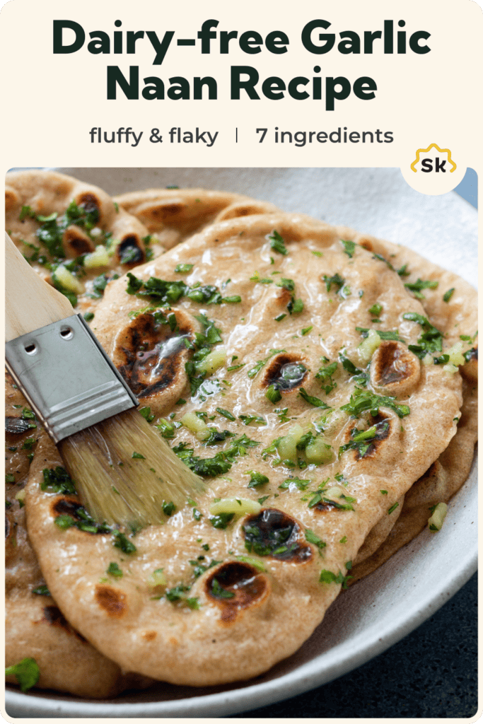 A photo of garlic naan with text overlay "Dairy-free Garlic Naan Recipe".