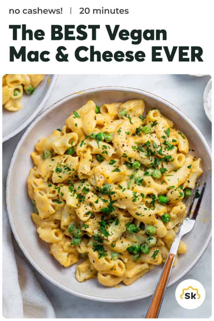 A photo of mac and cheese in a plate with text overlay "The BEST Vegan Mac & Cheese EVER".